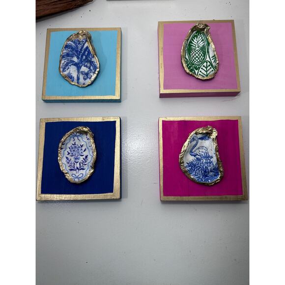 Original HandPainted Oyster Art 5x5 Wooden Block Pink Green Pineapple Lilly - Picture 2 of 8